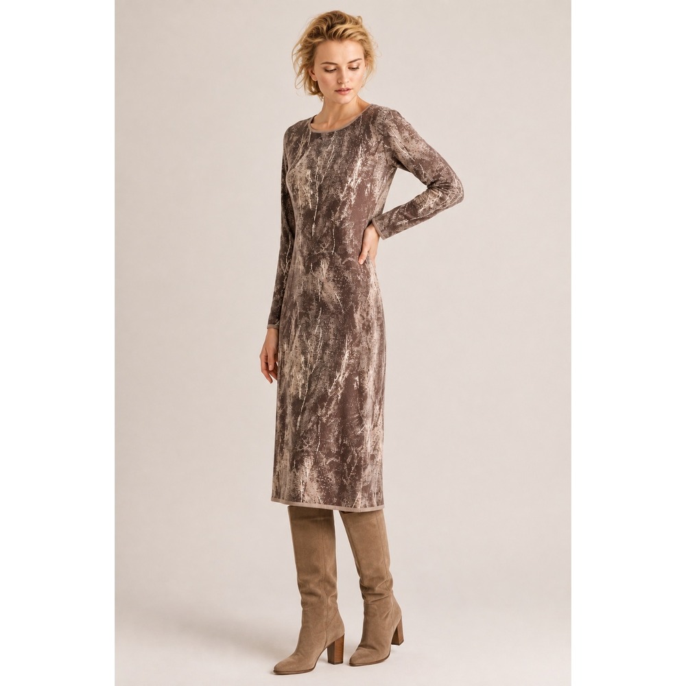Peruvian Connection Sweater Dress XL Abstract Print Long Sleeve Midi Brown Taupe